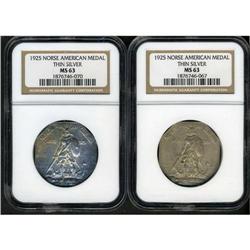 Lot of 2 1925 Norse Amer Medals. Thin Silver. NGC MS63