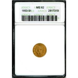 1853 $1 Gold Liberty ANACS MS62