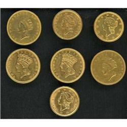 Lot of Seven Gold Dollars 1852-1861 Raw VF-AU