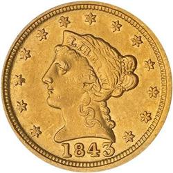 1843-C $2.50 Liberty. Large date, plain 4 PCGS XF45