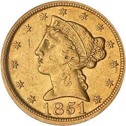 1851-D $5 Liberty NCS AU Details Reverse Damage