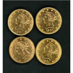 Lot of Four 1901 $10 Liberty Eagles Raw EF-AU