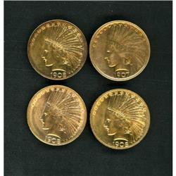 Lot of Four $10 Indian Eagles Raw F-AU