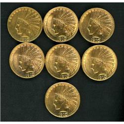 Lot of Seven 1910-D $10 Indian Eagles Raw VF-AU