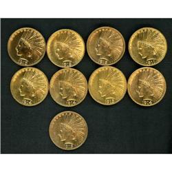 Lot of Nine $10 Indian Eagles 1911 - 1914-D Raw VF-AU