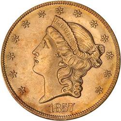 1857-S $20 Liberty PCGS MS64 Narrow Serif
