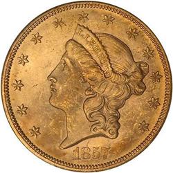 1857-S $20 Liberty PCGS MS64 Spiked Shield