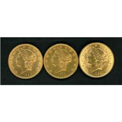 Lot of Three 1899 $20 Liberty Dbl Eagles Raw VF-EF
