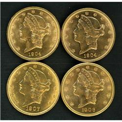 Lot of Four $20 Liberty Double Eagles Raw EF-BU