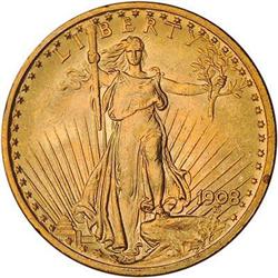 1908. $20 Gold St. Gaudens. No Motto PCGS MS65