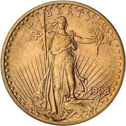 1908 $20 St. Gaudens. No motto PCGS MS63