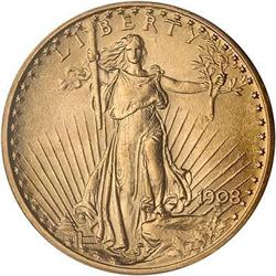 1908 $20 St. Gaudens. No motto PCGS MS62