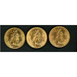 Lot of 3, 1908 $20 Saints Gaudens no motto Raw AU-BU