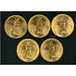 Lot of Five 1924 $20 Saint-Gaudens RAW AU-BU