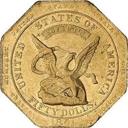 1851 U.S. Assay Office $50 slug, 887 THOUS NGC AU55