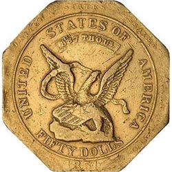 1851 Humbert $50 slug, 887 THOUS. Reeded edge RAW EF