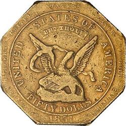 1851 U.S. Assay Office $50 slug, 887 THOUS. Reeded ed