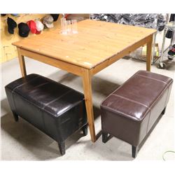 WOODEN TABLE WITH 2 BROWN PLEATHER STOOLS