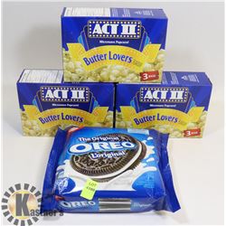 MICROWAVE POPCORN AND BAG OF OREOS