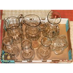 LOT OF 3 LARGE GLASS PITCHERS & 3 DECANTERS