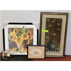 LOT OF 3 FRAMED PICTURES, SUNFLOWER, LIVE PLANT