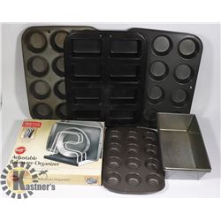 LOT OF BAKE WARE INCLUDES: MUFFIN TINS, LOAF TINS,