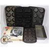 Image 1 : LOT OF BAKE WARE INCLUDES: MUFFIN TINS, LOAF TINS,