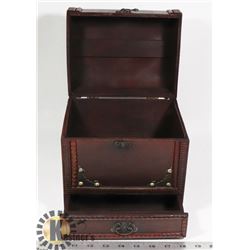 WOOD JEWELRY / KEEPSAKE CASE. HAS DRAWER &