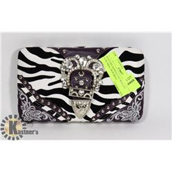 WESTERN RHINESTONE WALLET, COW PRINT W/PURPLE