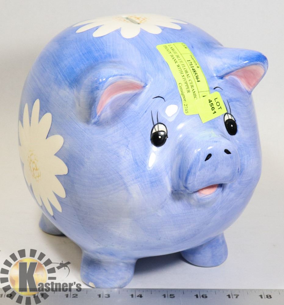LARGE BLUE FLORAL CERAMIC PIGGY BANK WITH STOPPER