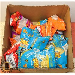 BOX WITH ASSORTED CHEESIES AND POPCORN TWISTS.