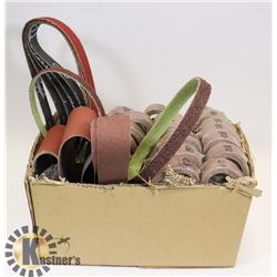 BOX OF ASSORTED SANDING BELTS & DISCS