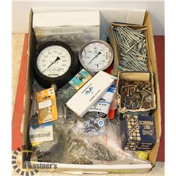 BOX OF ASSORTED SCREWS, HARDWARE, GAGES & ETC.