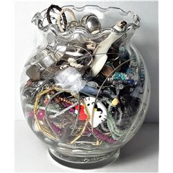 12)  SMALL JAR FULL OF NECKLACES, EARRINGS,