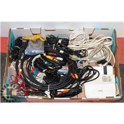 LARGE FLAT FULL OF MEDIA/POWER CORDS -