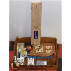 BOX W/4 CRIBBAGE BOARDS & 7 DECKS OF