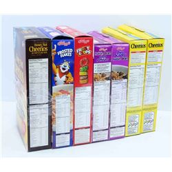 7 BOXES OF ASSORTED CEREAL.