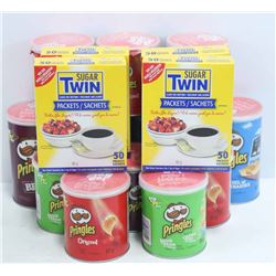 BOX WITH PRINGLES AND TWIN SUGAR.