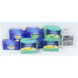 BAG OF PADS, TAMPONS, READING LENSES.