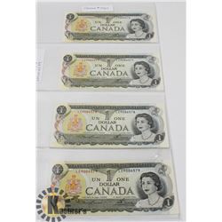 FOUR 1973 $1 CANADIAN BILLS, SEQUENTIAL,