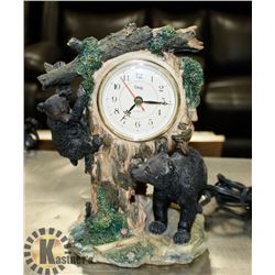 BEAR SCENE MANTLE CLOCK, 10" TALL, NEW BATTERY