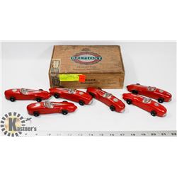 CIGAR BOX FULL OF 1940S TOY RACE CARS.