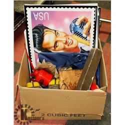 ASSORTED BOX OF ELVIS POSTERS AND ANTIQUES.