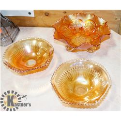 3 PIECES CARNIVAL GLASS, 2 ARE 6" AND 1 IS 8"