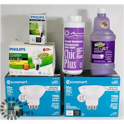 BOX OF LIGHT BULBS & FLOOR / CARPET CLEANER