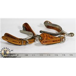 SET OF SILVER SPURS W/TOOLING & ROWELS