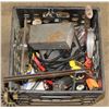 Image 1 : BLACK CRATE OF VARIOUS TOOLS AND BATTERY CHARGER