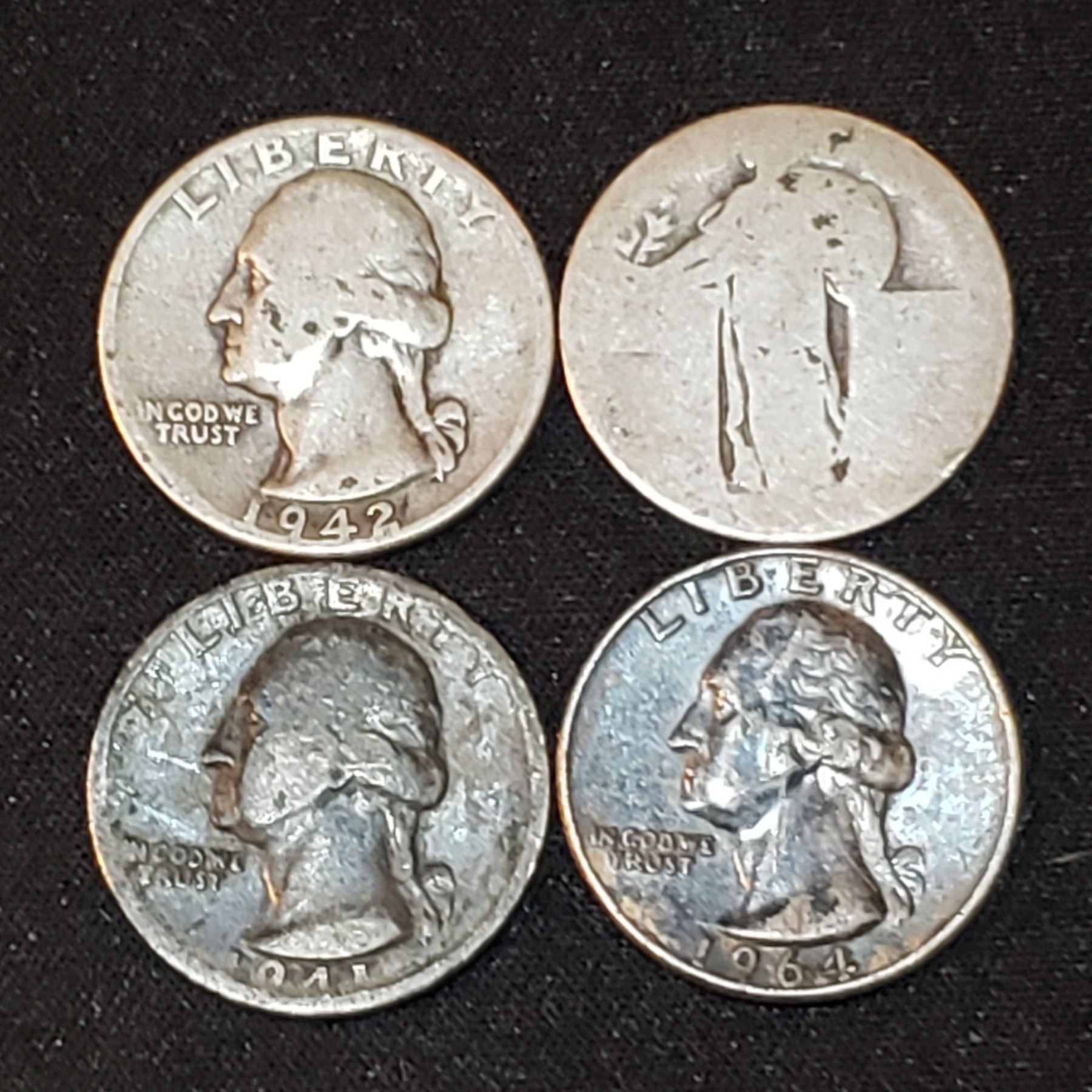 Lot of 4 US Silver Quarters (1941, 1942, 1964, one Standing Liberty