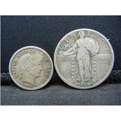 1908 Barber Dime XF+  1928 Standing Quarter