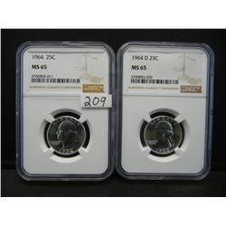 1964+64d Silver Washington Quarters NGC MS65
